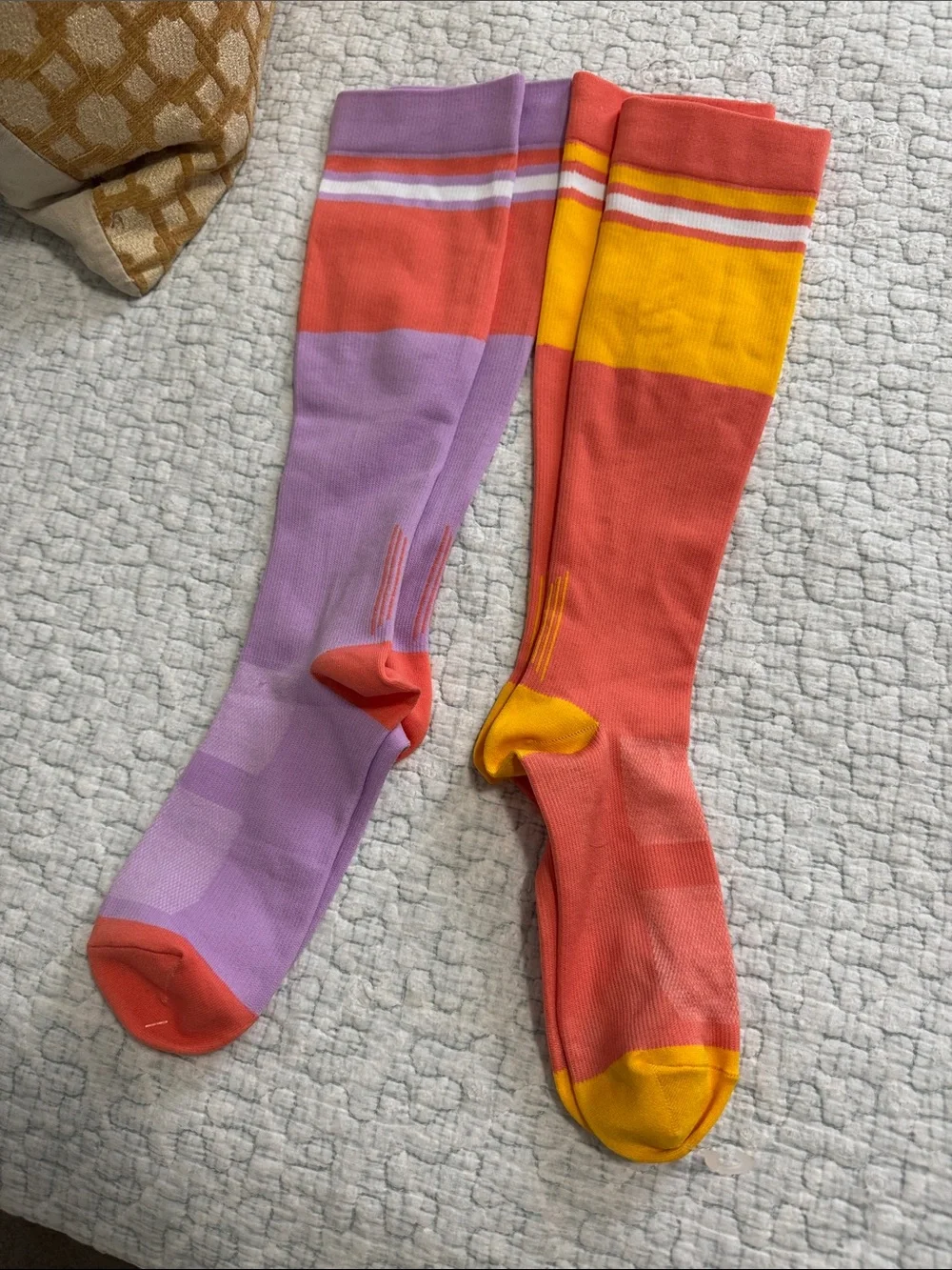 NWOT Colorblock Compression Knee-High Socks - Lavender & Coral / Coral & Yellow